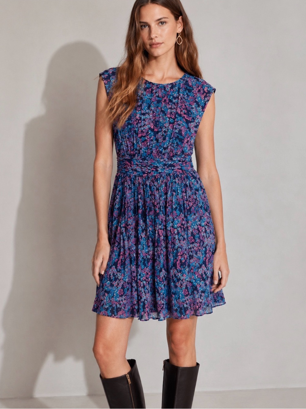 BODEN Selina Jewel-Tone Floral Pleated Fit & Flare Mini Dress Size 4P